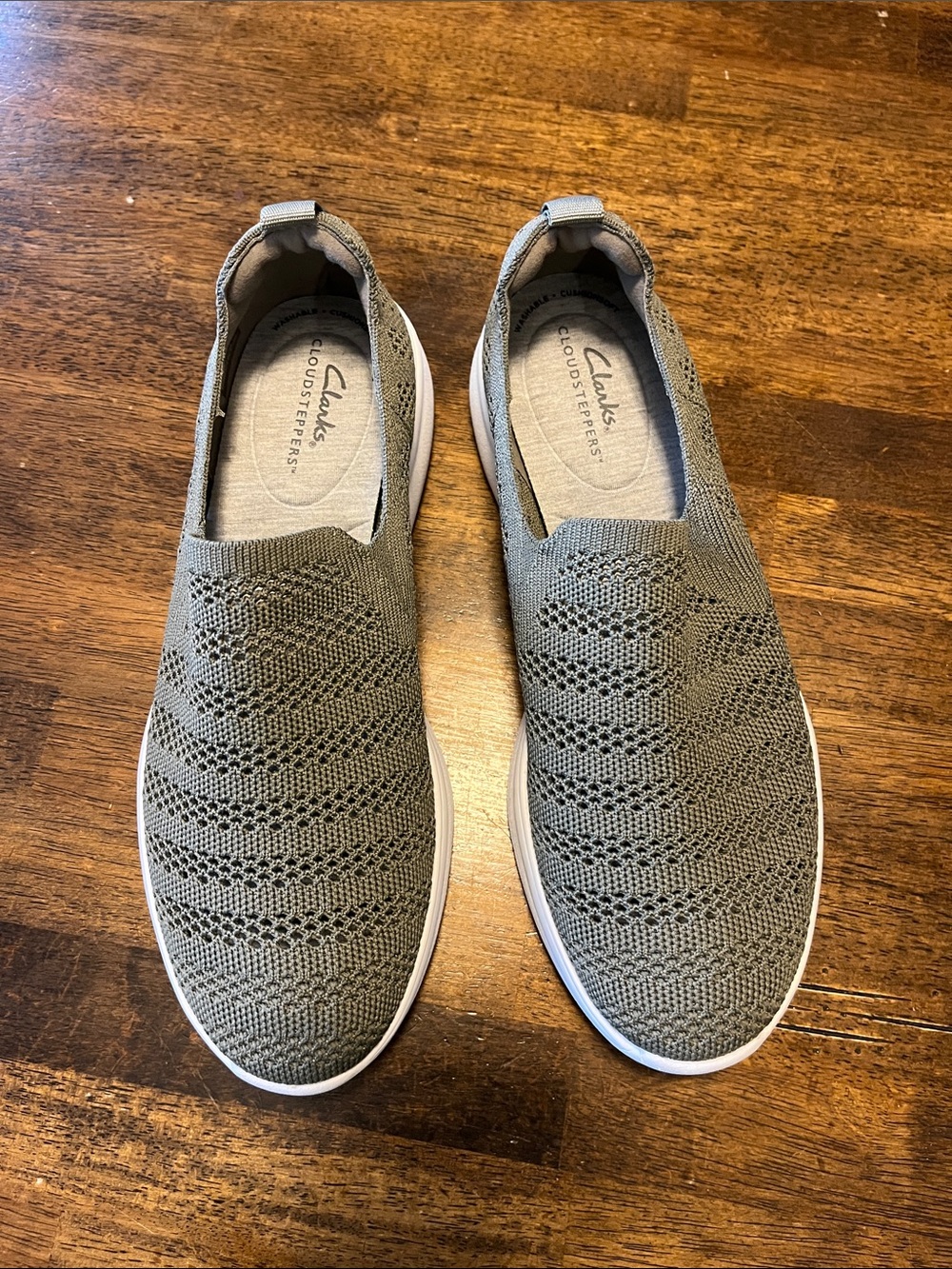 Clarks Slip-On Knit Sneakers in Olive Green with White Sole